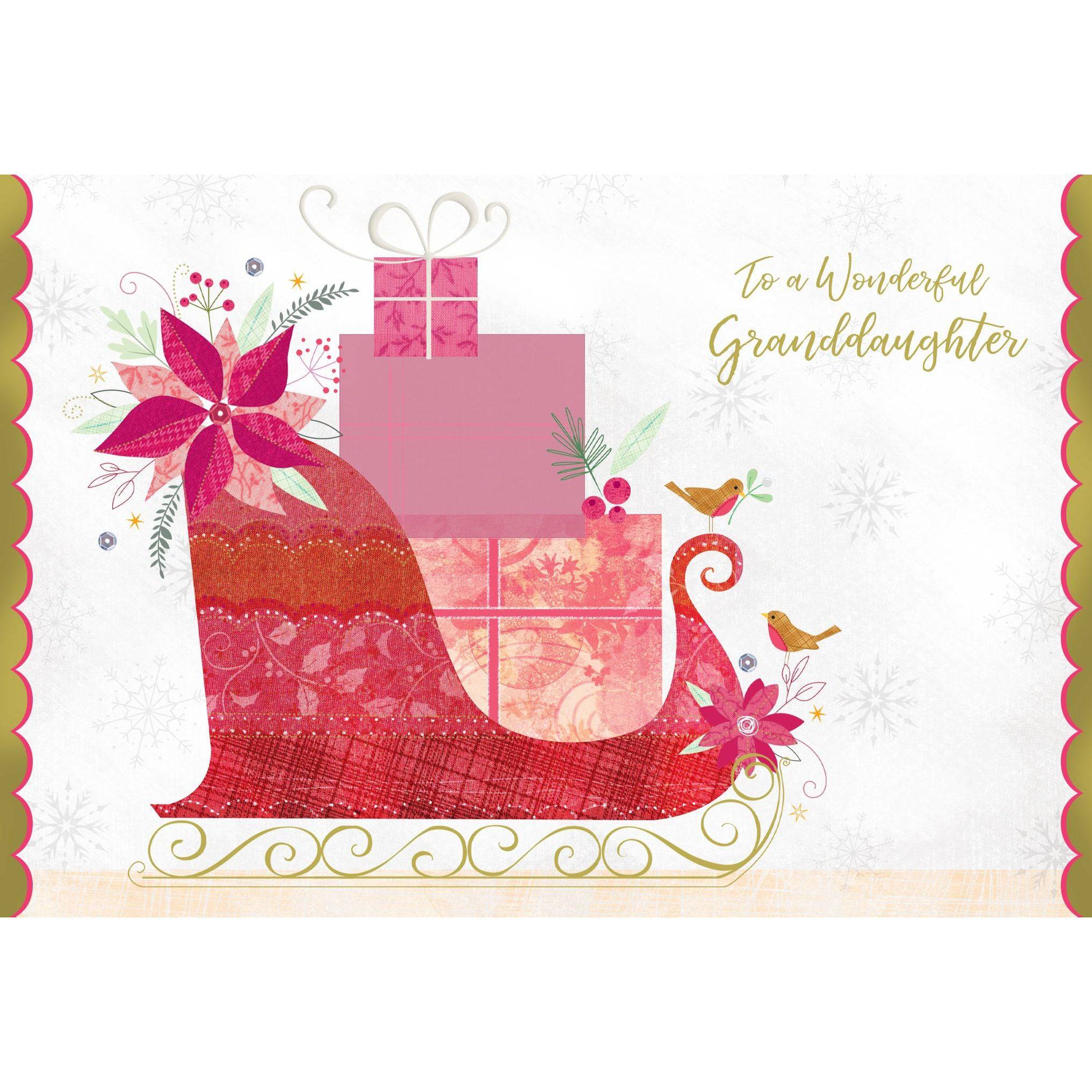 Christmas card featuring a festive sleigh with presents, designed for granddaughters by Pictura, perfect for seasonal holiday greetings.